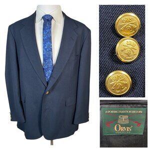 Vintage Orvis Navy Blazer 45R Gold Logo Crest Buttons Hopsack Wool Made in USA